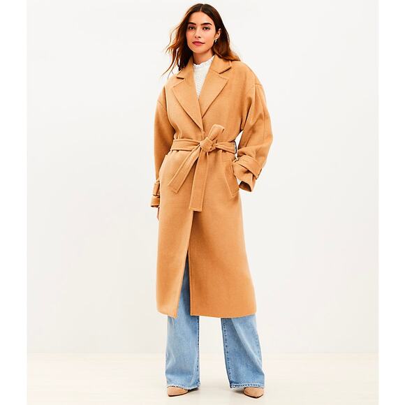 LOFT The Modern Tie Waist Wool Blend Trench Coat Large Petite NWT - Picture 1 of 5